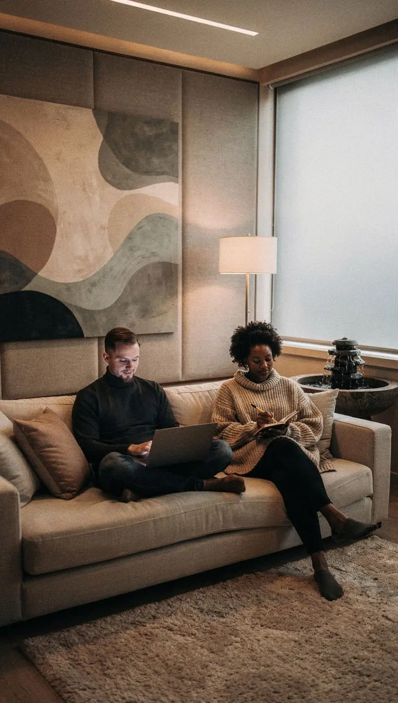 Pracownik współpracujący w przestrzeni biurowej z akustycznymi panelami.