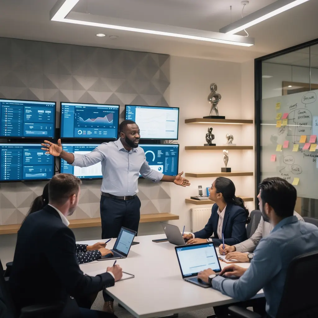 Biuro z otwartą przestrzenią, w której znajdują się strefy współpracy.