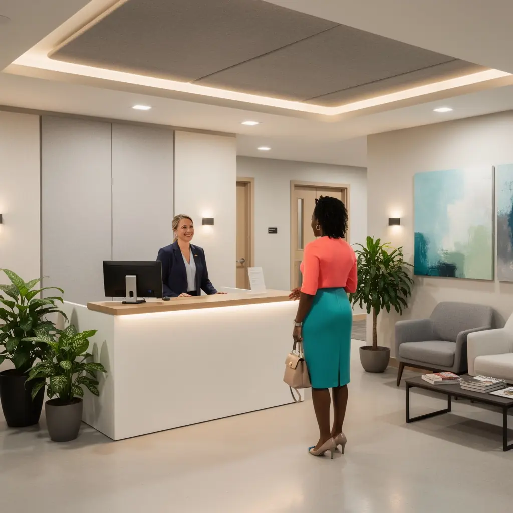 Kreatywna przestrzeń biurowa z kolorowymi elementami i akustyką.