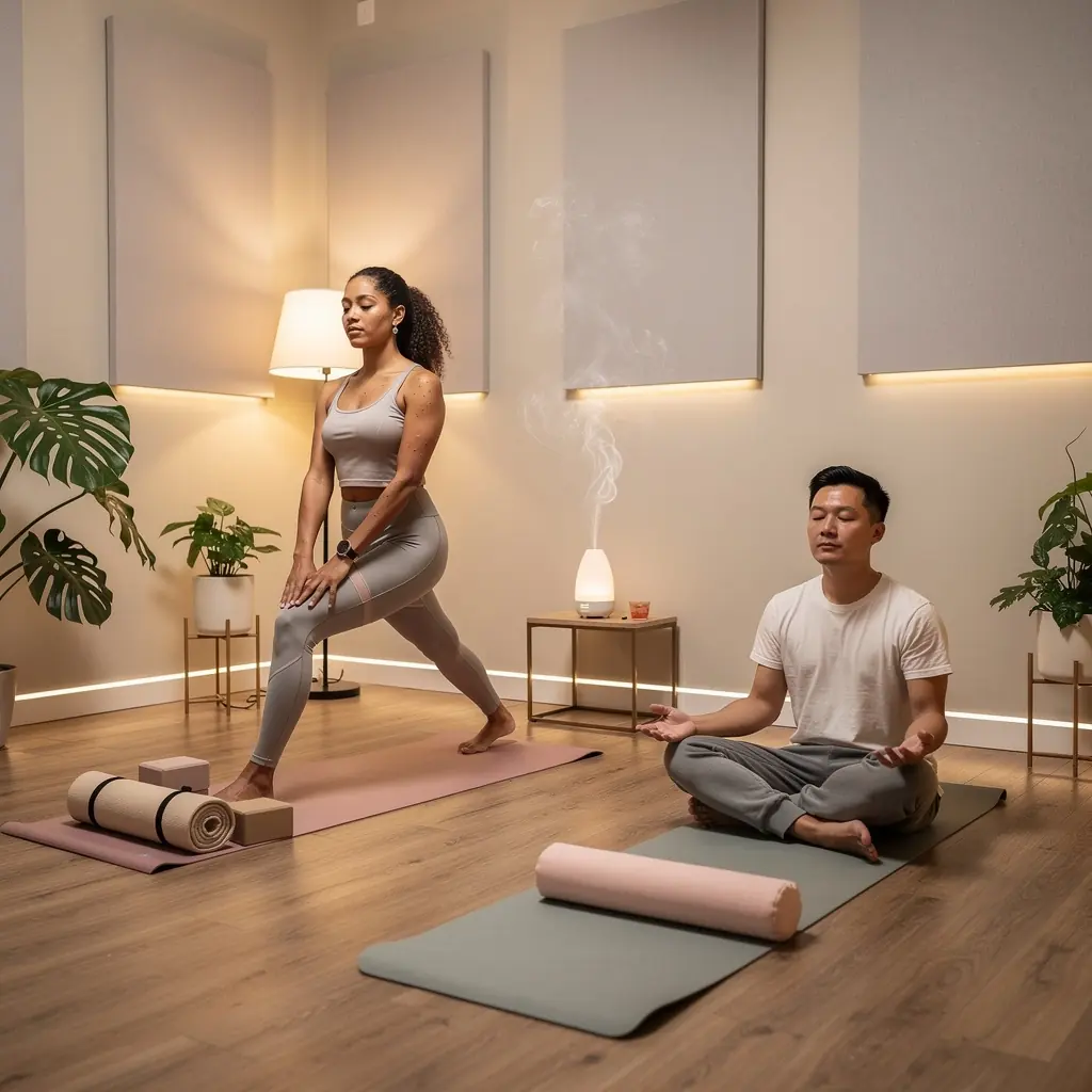 Osoby pracujące w różnych strefach biura z odpowiednim oświetleniem.