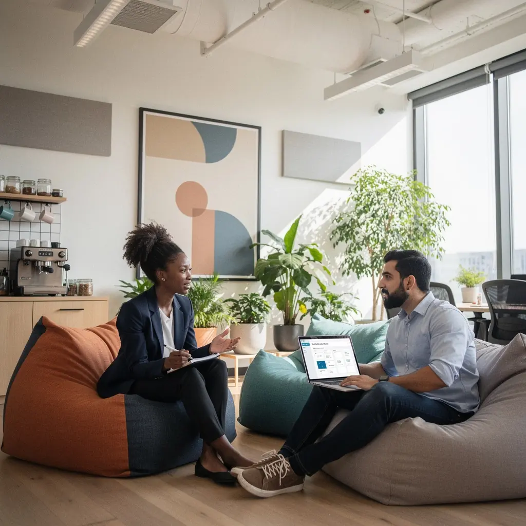 Otwarte biuro z różnymi strefami do pracy, wspierającymi kreatywność i współpracę.